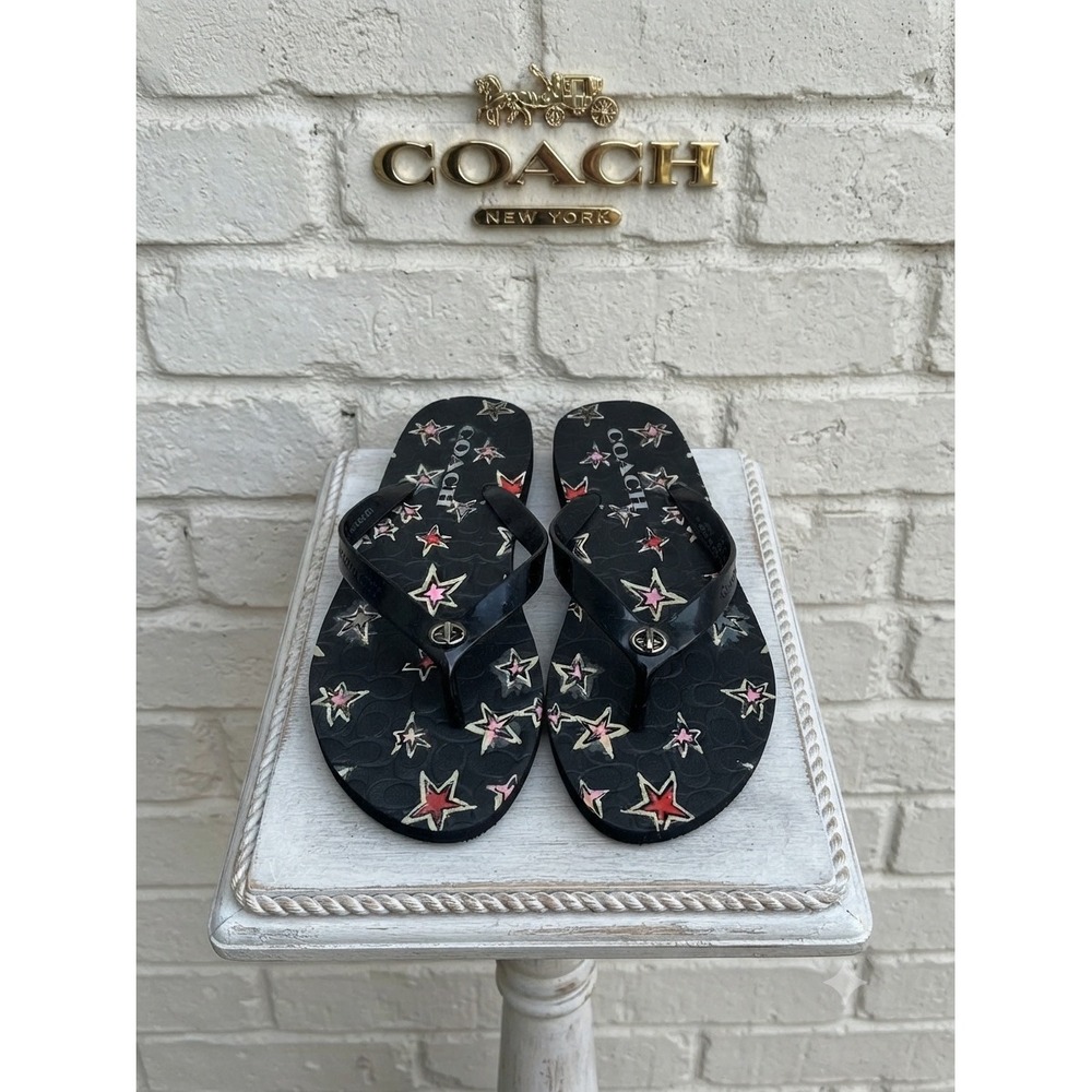Coach Abbigail Black Star Print Signature Flip Flop Sandals Womens Size 6B